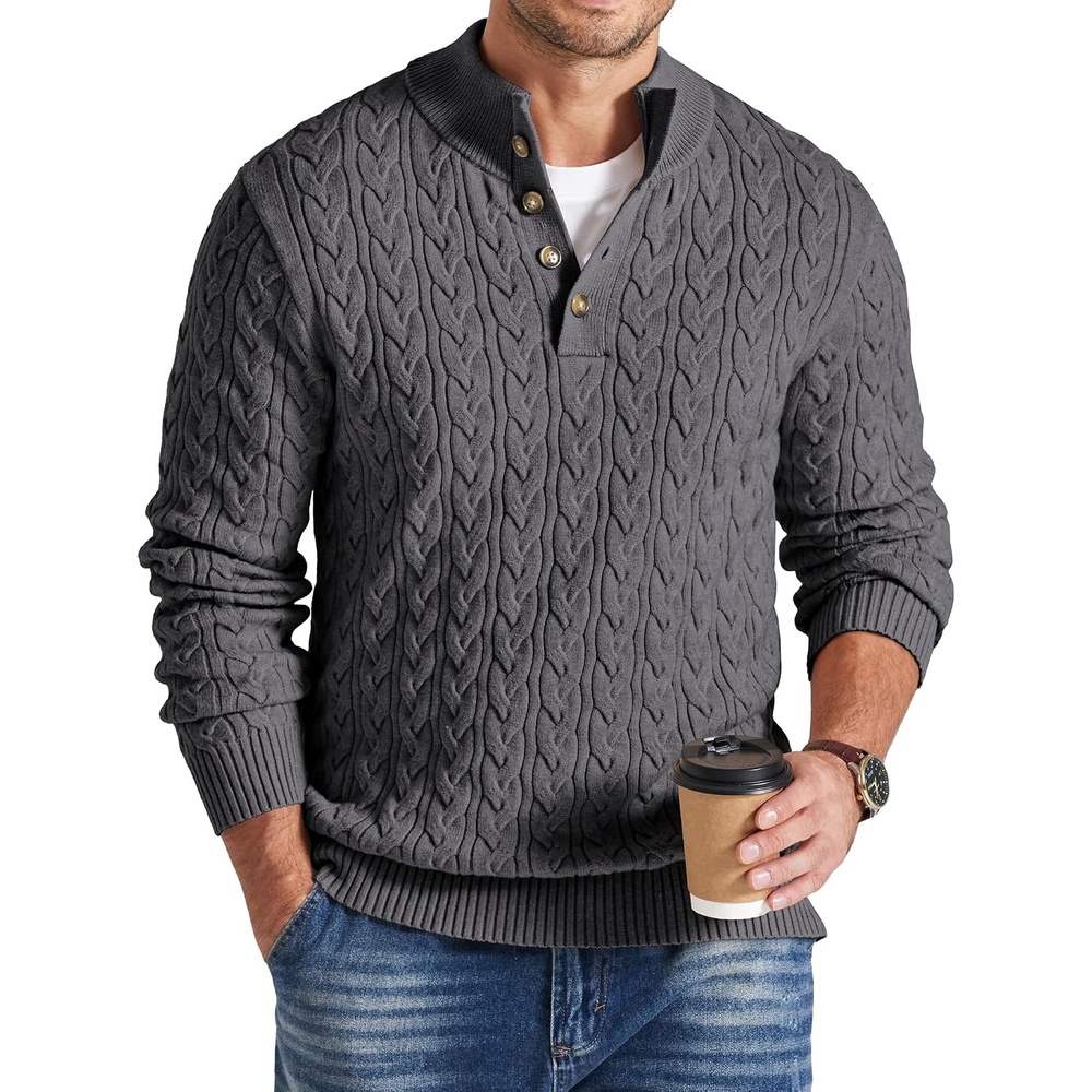 image:imageCOOFANDY Mens Sweater Cable Knit V Neck Quarter Button Henley Long SleeveDark Gray