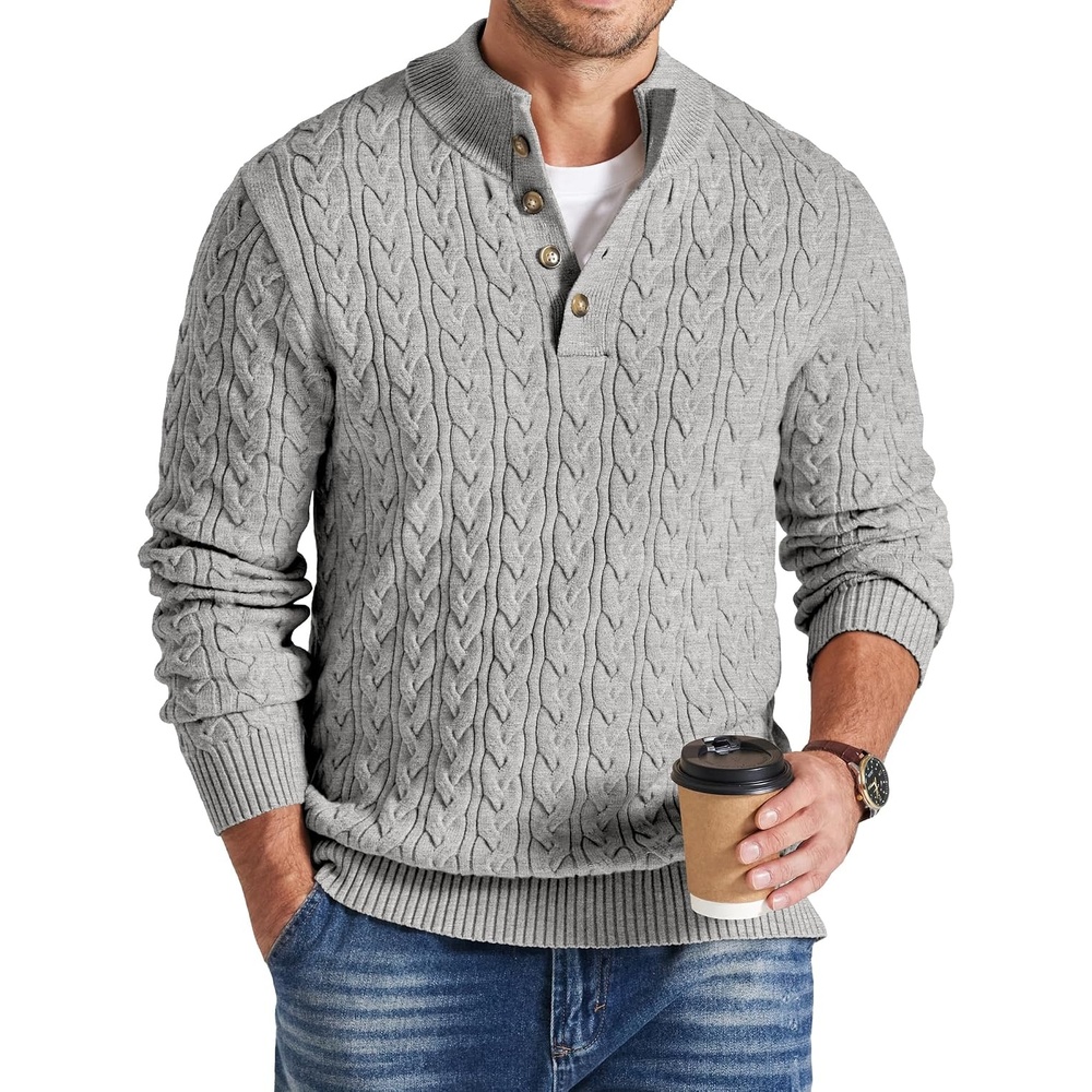 image:imageCOOFANDY Mens Sweater Cable Knit V Neck Quarter Button Henley Long SleeveLight Gray
