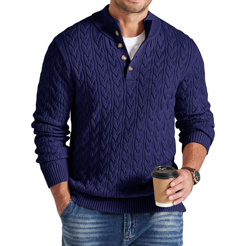 image:imageCOOFANDY Mens Sweater Cable Knit V Neck Quarter Button Henley Long SleeveNavy Blue