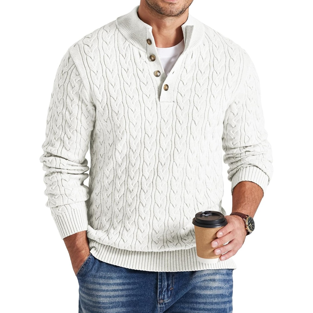 image:imageCOOFANDY Mens Sweater Cable Knit V Neck Quarter Button Henley Long SleeveWhite