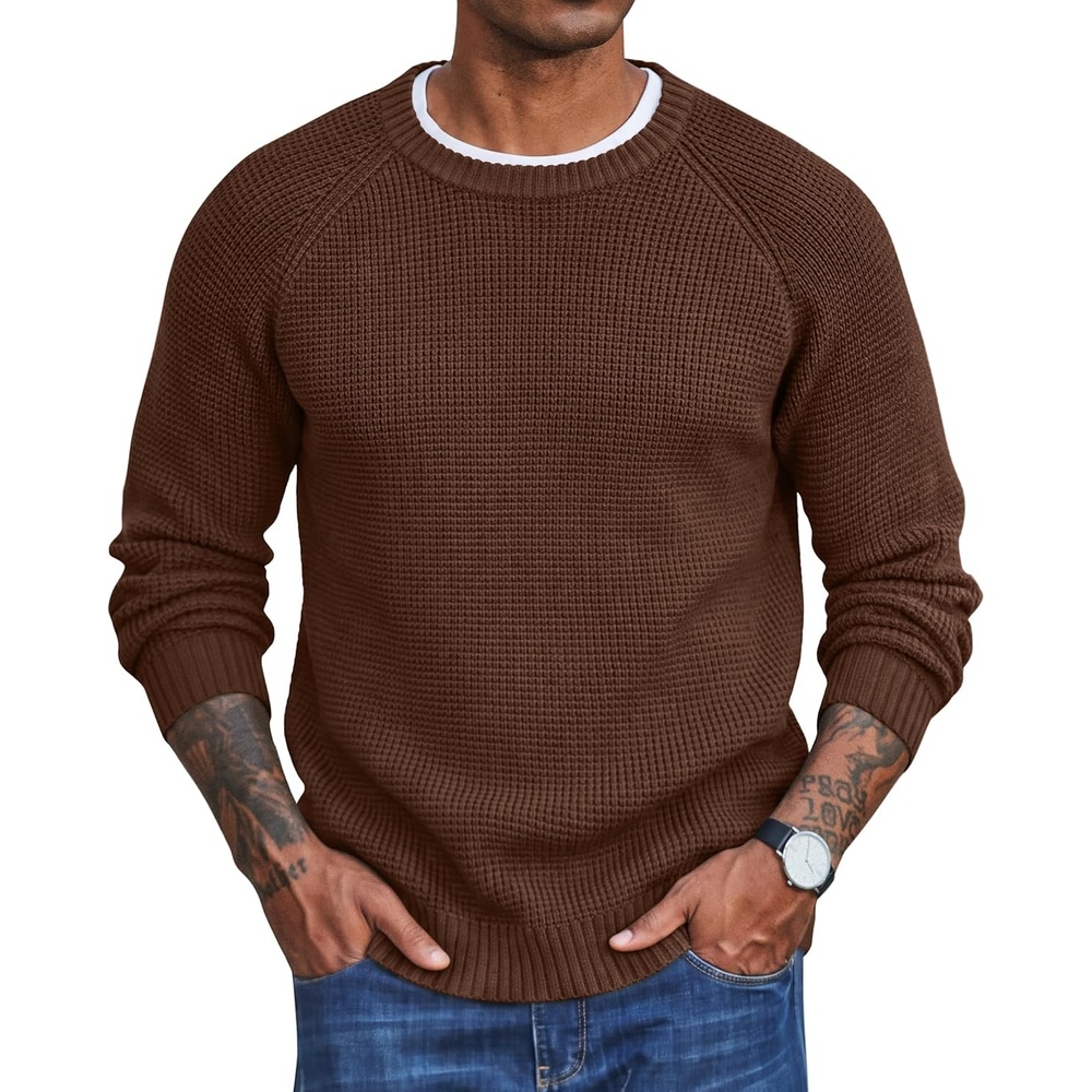 image:imageCOOFANDY Mens Sweater Crewneck Pullover Waffle Knit Long Sleeve SweatersBrown
