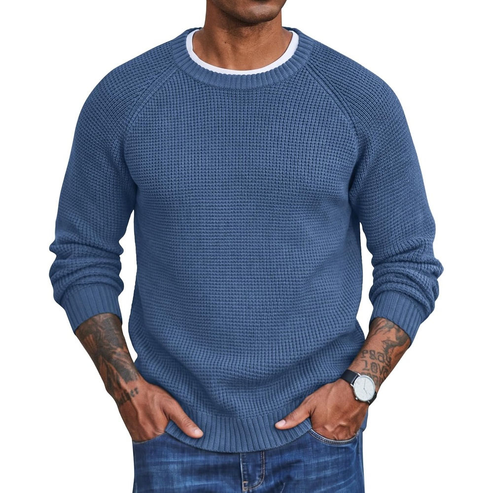 image:imageCOOFANDY Mens Sweater Crewneck Pullover Waffle Knit Long Sleeve SweatersDenim Blue