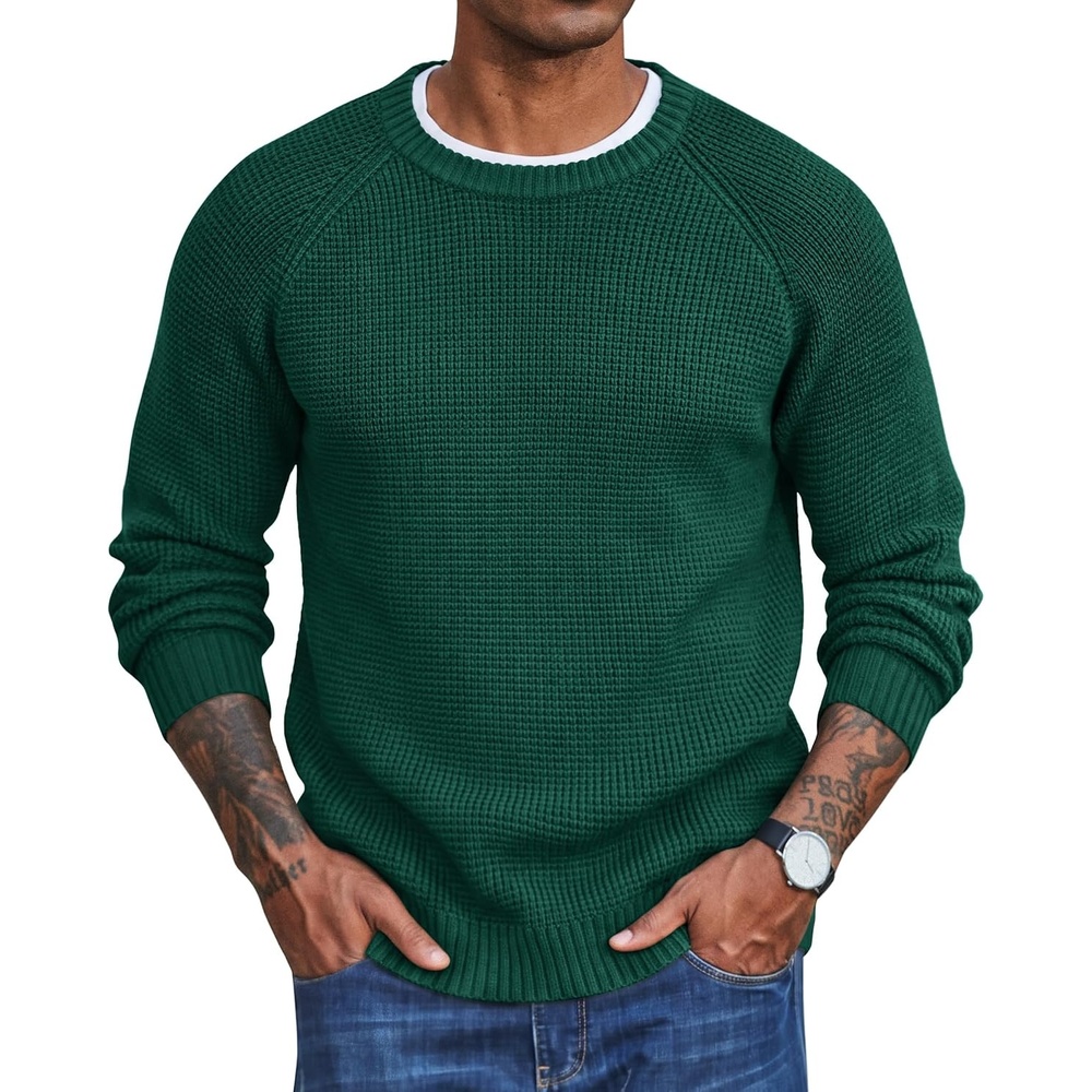 image:imageCOOFANDY Mens Sweater Crewneck Pullover Waffle Knit Long Sleeve SweatersGreen