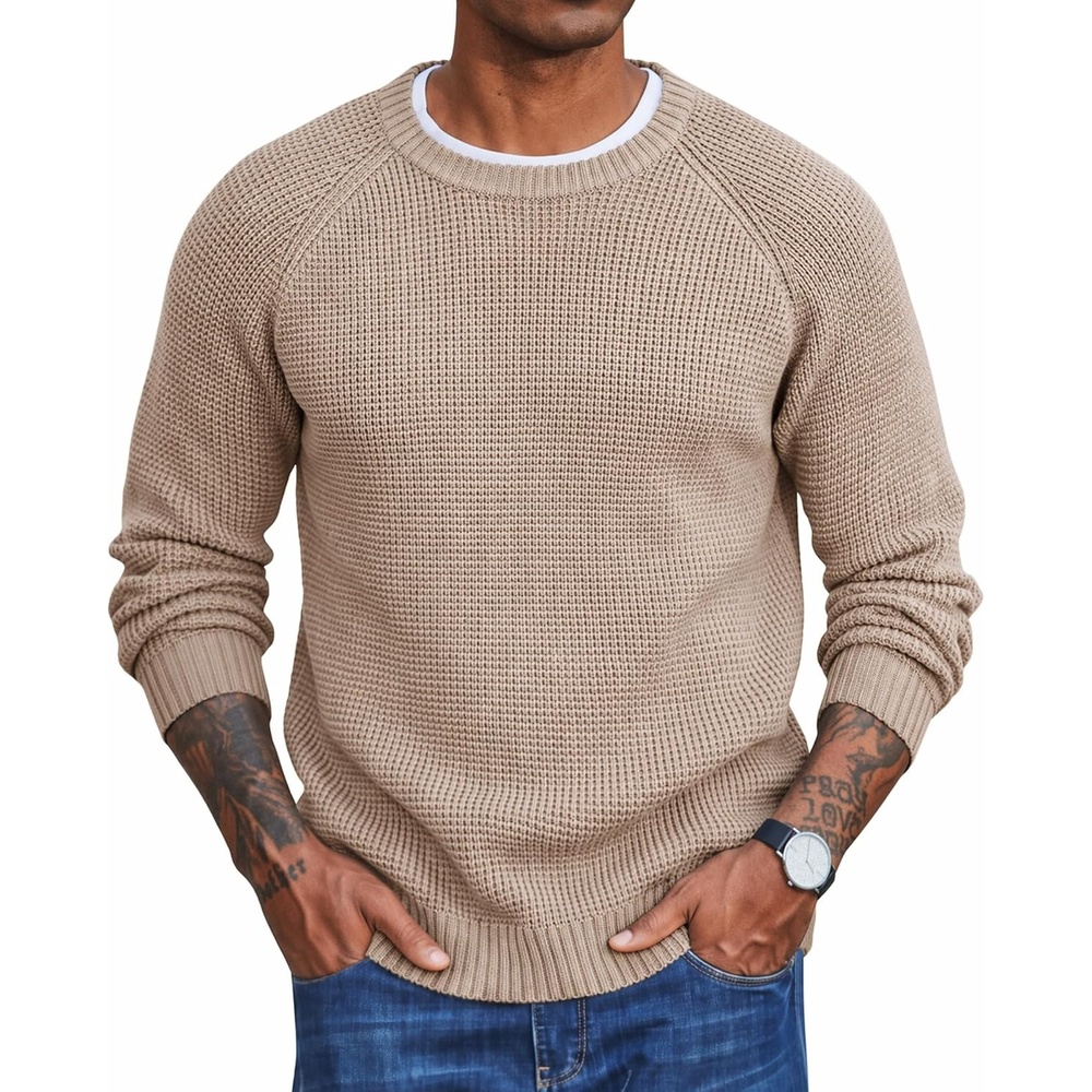 image:imageCOOFANDY Mens Sweater Crewneck Pullover Waffle Knit Long Sleeve SweatersKhaki