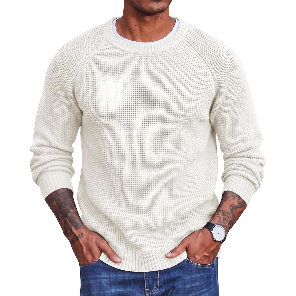 image:imageCOOFANDY Mens Sweater Crewneck Pullover Waffle Knit Long Sleeve SweatersWhite
