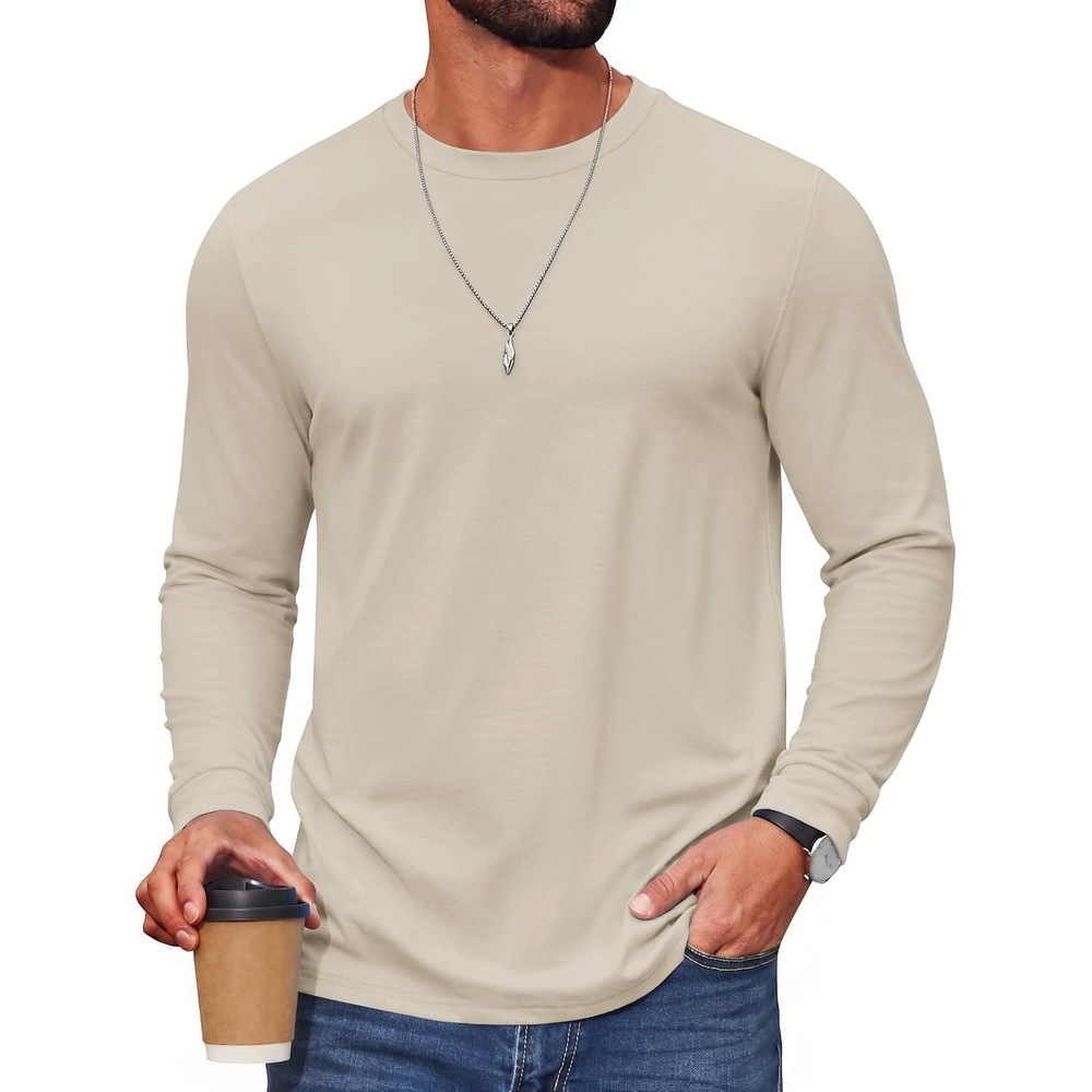 image:imageCOOFANDY Mens T Shirts Long Sleeve Cotton Blend TShirts Crew Neck Soft Casual Basic Tee ShirtsMoon Khaki
