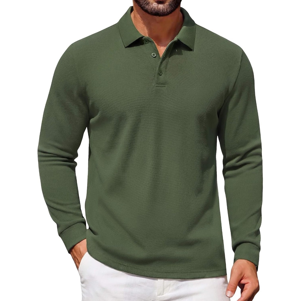 image:imageCOOFANDY Mens Waffle Knit Polo Shirts Casual Long Sleeve Polo ShirtArmy Green
