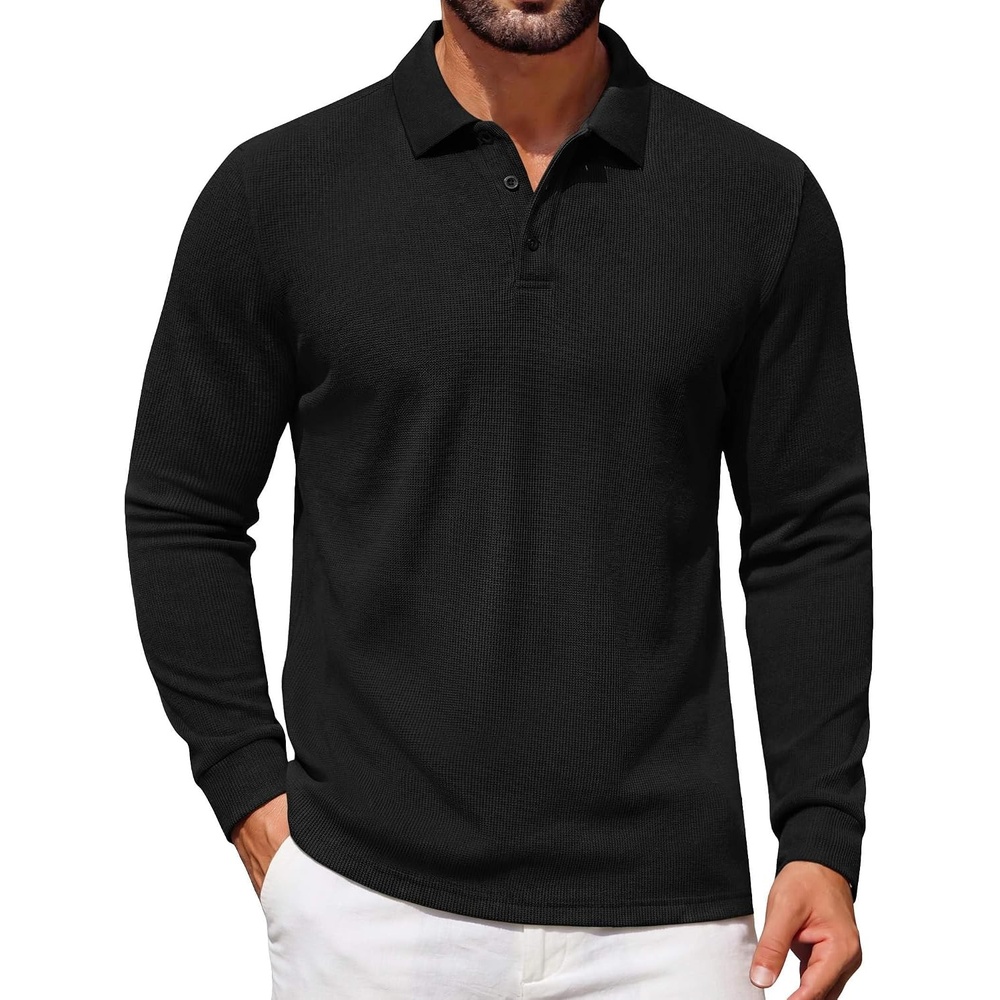 image:imageCOOFANDY Mens Waffle Knit Polo Shirts Casual Long Sleeve Polo ShirtBlack