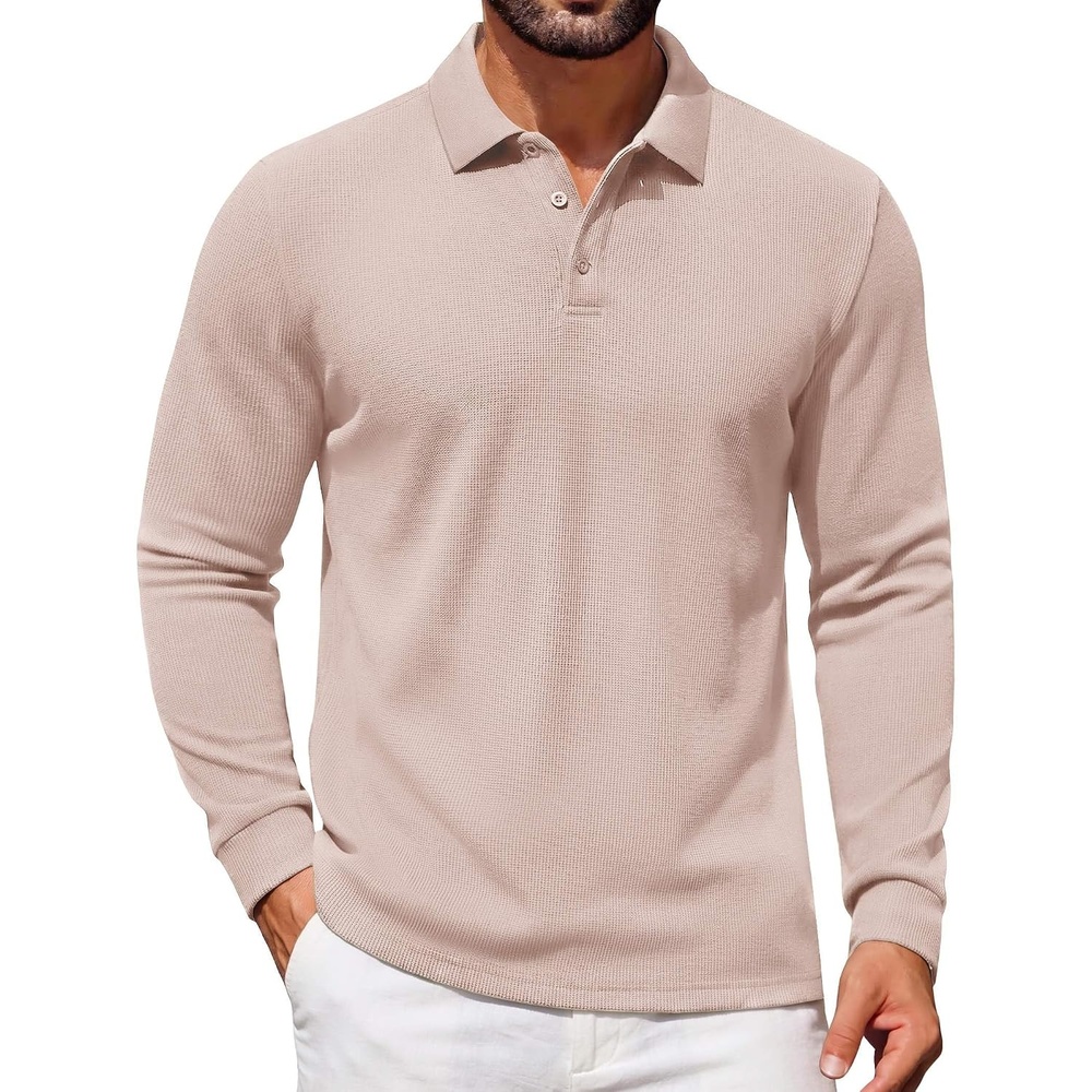 image:imageCOOFANDY Mens Waffle Knit Polo Shirts Casual Long Sleeve Polo ShirtChampagne