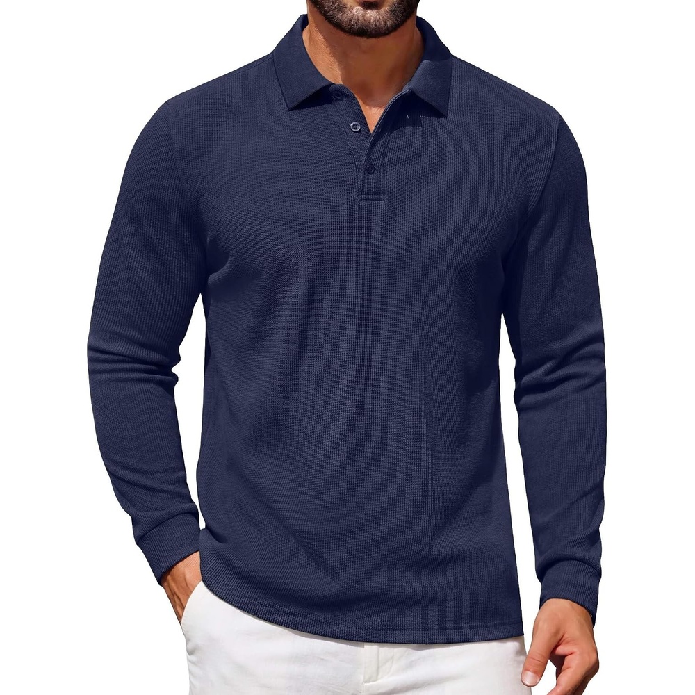 image:imageCOOFANDY Mens Waffle Knit Polo Shirts Casual Long Sleeve Polo ShirtDark Blue
