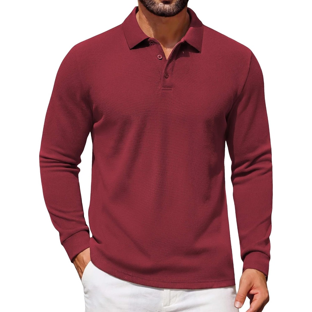 image:imageCOOFANDY Mens Waffle Knit Polo Shirts Casual Long Sleeve Polo ShirtDark Red