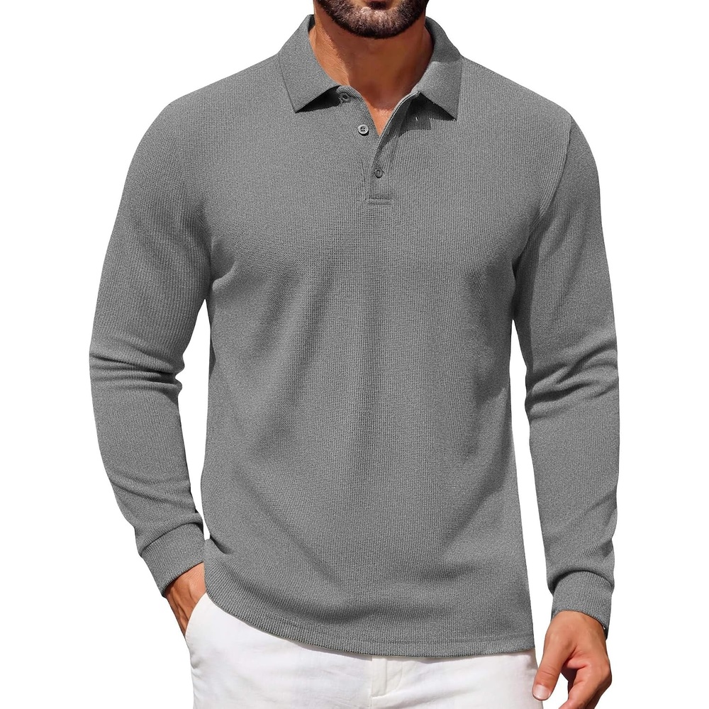 image:imageCOOFANDY Mens Waffle Knit Polo Shirts Casual Long Sleeve Polo ShirtGrey