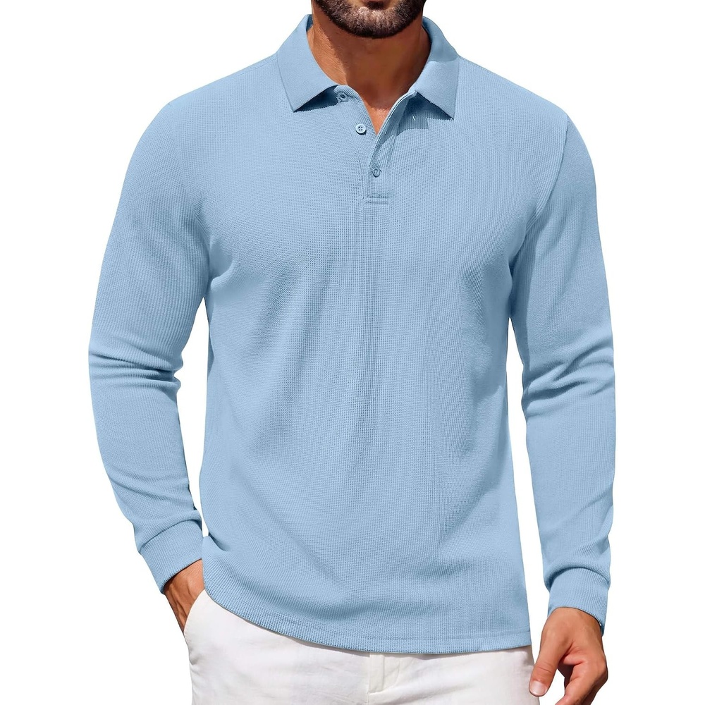 image:imageCOOFANDY Mens Waffle Knit Polo Shirts Casual Long Sleeve Polo ShirtLight Blue