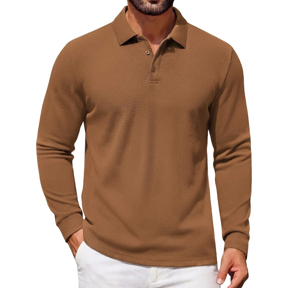 image:imageCOOFANDY Mens Waffle Knit Polo Shirts Casual Long Sleeve Polo ShirtLight Brown
