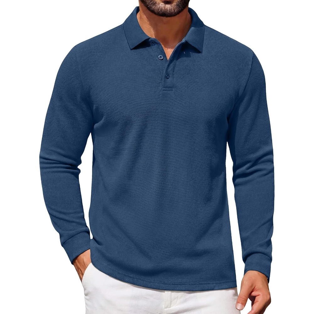 image:imageCOOFANDY Mens Waffle Knit Polo Shirts Casual Long Sleeve Polo ShirtNavy Blue