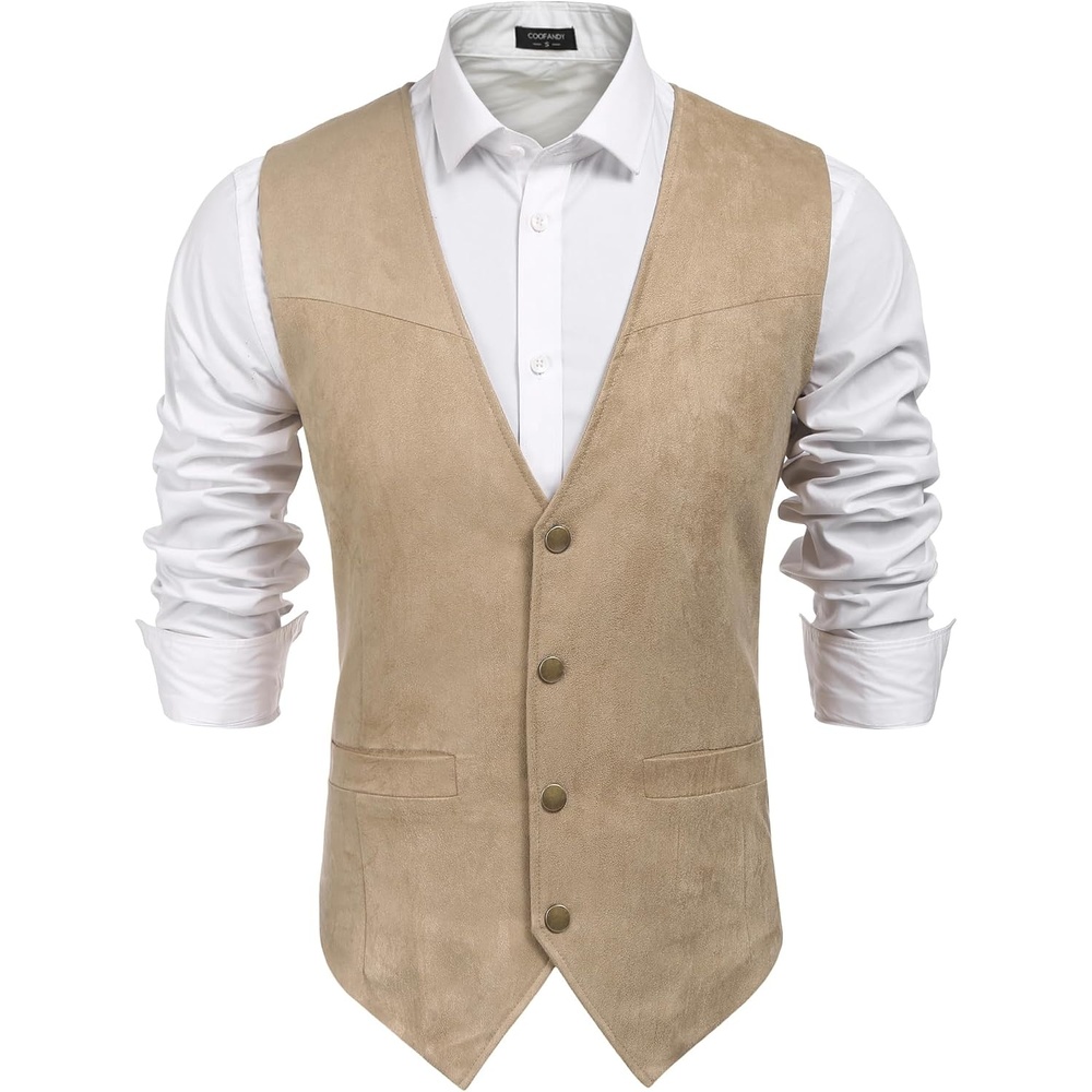 image:imageCOOFANDY Mens Western Vest Suede Cowboy Vest Casual Slim Fit WaistcoatBeige