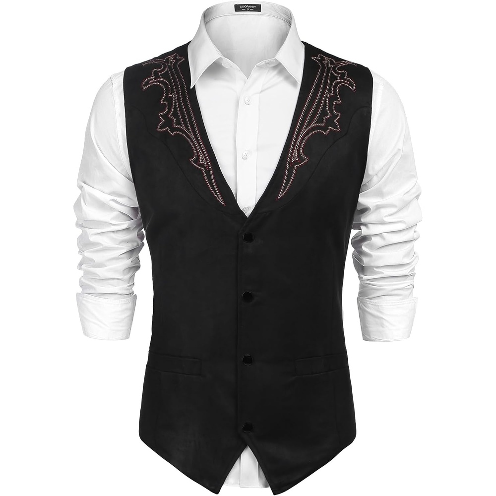 image:imageCOOFANDY Mens Western Vest Suede Cowboy Vest Casual Slim Fit WaistcoatBlack With Pattern