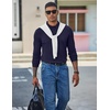 COOFANDY Mens Waffle Knit Polo Shirts Casual Long Sleeve Polo Shirt(Dark Blue)