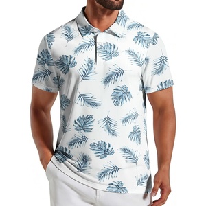 COOFANDY Mens Golf Polo Shirts Short Sleeve Quick Dry Casual Collared Shirt(White Blue Leaf)