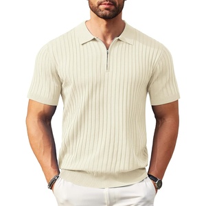 COOFANDY Men’s Quarter Zip Polo Shirt Short Sleeve Ribbed Knit Golf Tee(Beige)