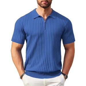 COOFANDY Men’s Quarter Zip Polo Shirt Short Sleeve Ribbed Knit Golf Tee(Blue)