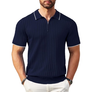 COOFANDY Men’s Quarter Zip Polo Shirt Short Sleeve Ribbed Knit Golf Tee(Stripes Navy Blue Stripes)