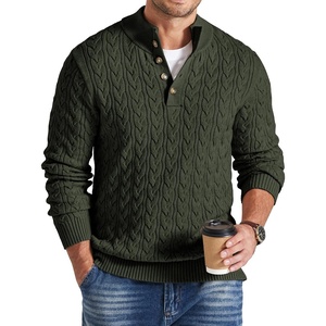 COOFANDY Mens Sweater Cable Knit V Neck Quarter Button Henley Long Sleeve(Army Green)