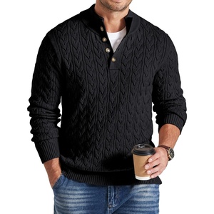 COOFANDY Mens Sweater Cable Knit V Neck Quarter Button Henley Long Sleeve(Black)