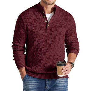 COOFANDY Mens Sweater Cable Knit V Neck Quarter Button Henley Long Sleeve(Burgundy)