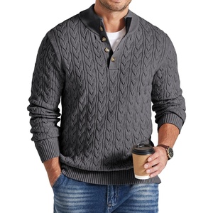 COOFANDY Mens Sweater Cable Knit V Neck Quarter Button Henley Long Sleeve(Dark Gray)