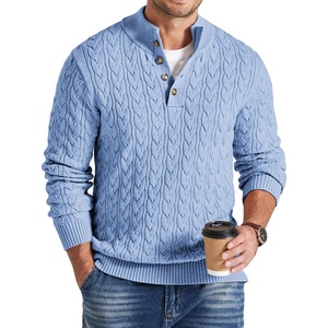 COOFANDY Mens Sweater Cable Knit V Neck Quarter Button Henley Long Sleeve(Light Blue)