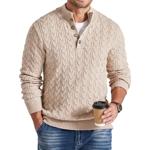 COOFANDY Mens Sweater Cable Knit V Neck Quarter Button Henley Long Sleeve(Light Khaki)