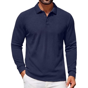 COOFANDY Mens Waffle Knit Polo Shirts Casual Long Sleeve Polo Shirt(Dark Blue)
