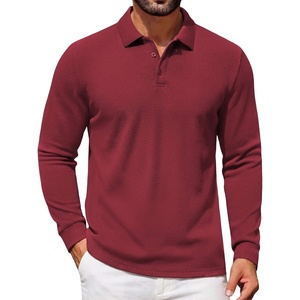 COOFANDY Mens Waffle Knit Polo Shirts Casual Long Sleeve Polo Shirt(Dark Red)