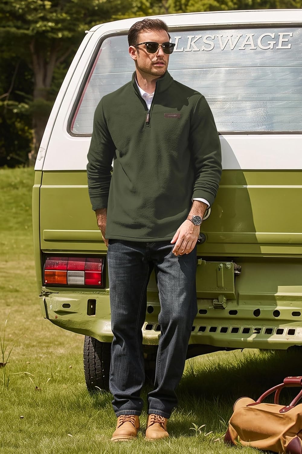 image:imageCOOFANDY Mens Fleece Quarter Zip Pullover Mock Neck Long Sleeve SweatshirtArmy Green