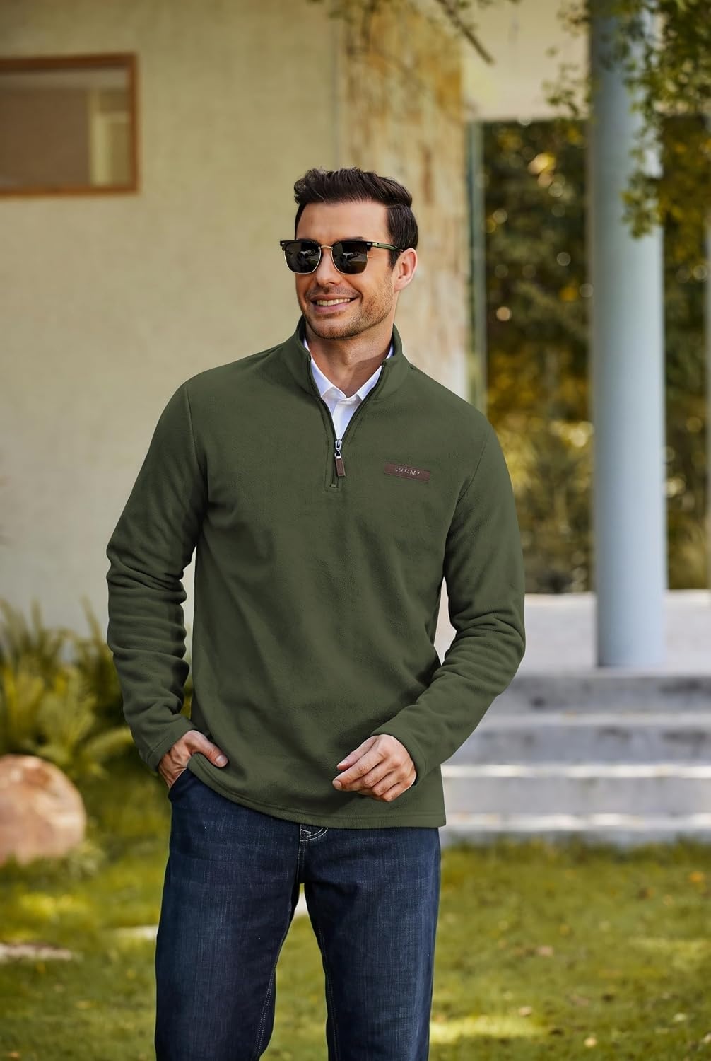 image:imageCOOFANDY Mens Fleece Quarter Zip Pullover Mock Neck Long Sleeve SweatshirtArmy Green