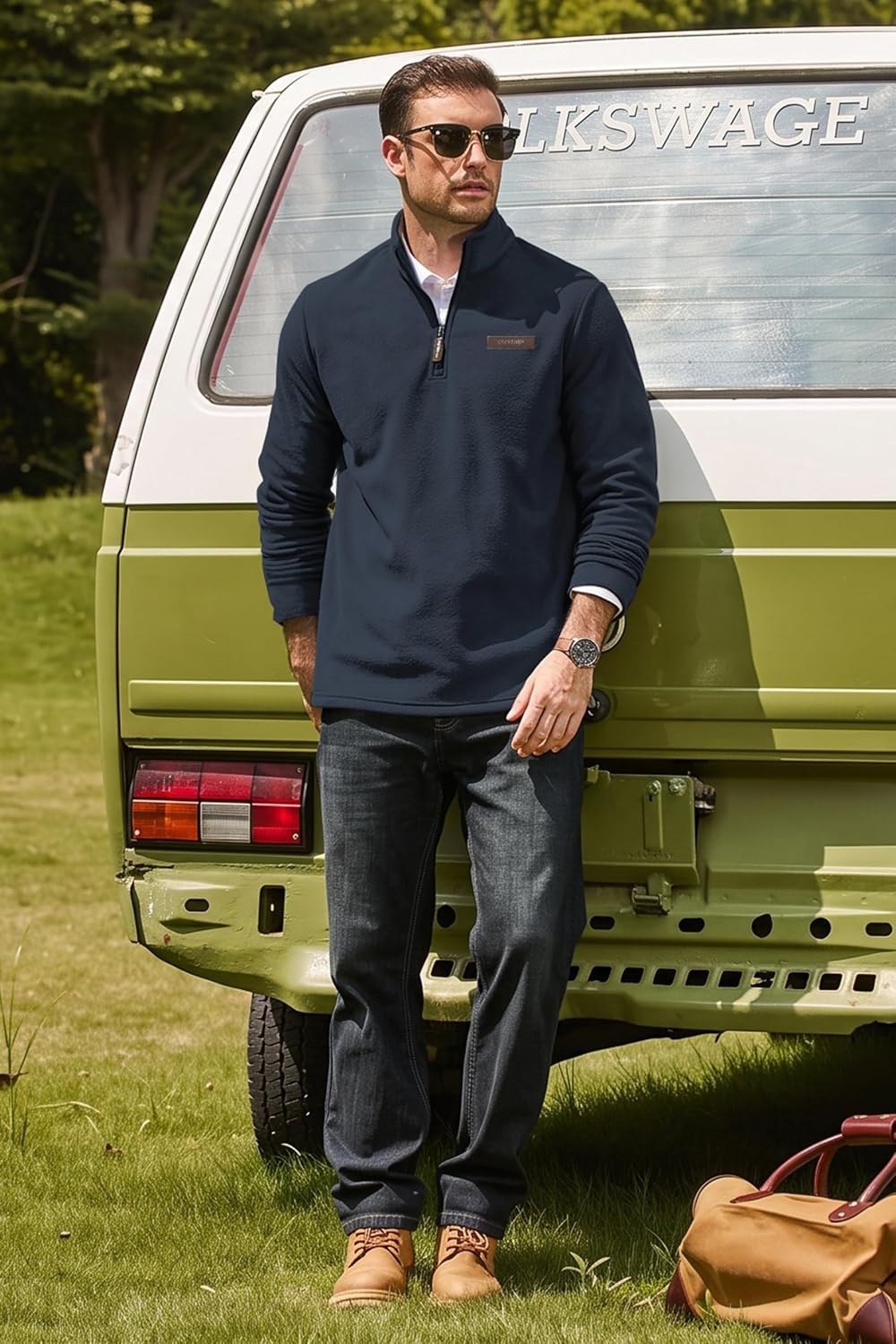 image:imageCOOFANDY Mens Fleece Quarter Zip Pullover Mock Neck Long Sleeve SweatshirtNavy Blue