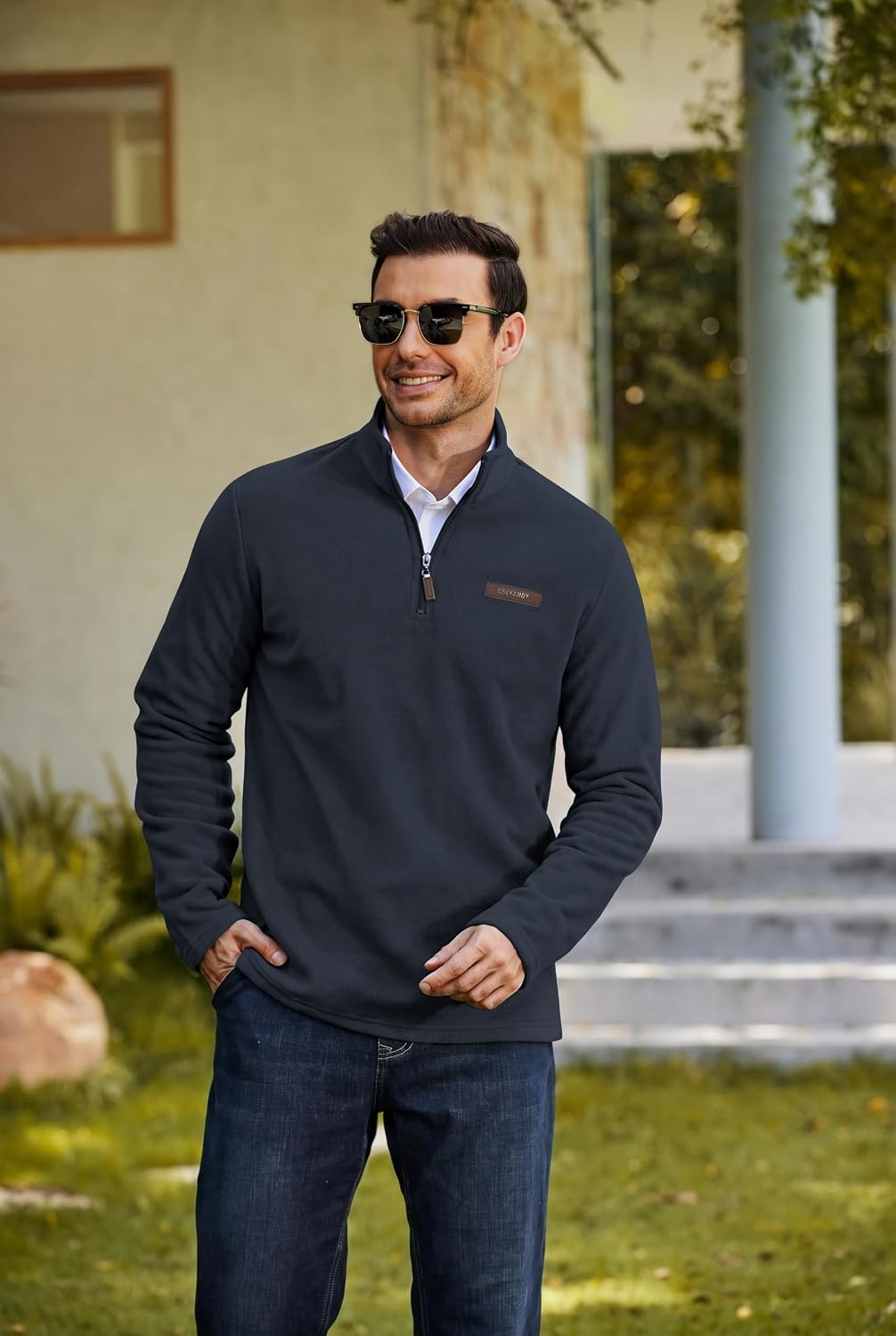image:imageCOOFANDY Mens Fleece Quarter Zip Pullover Mock Neck Long Sleeve SweatshirtNavy Blue