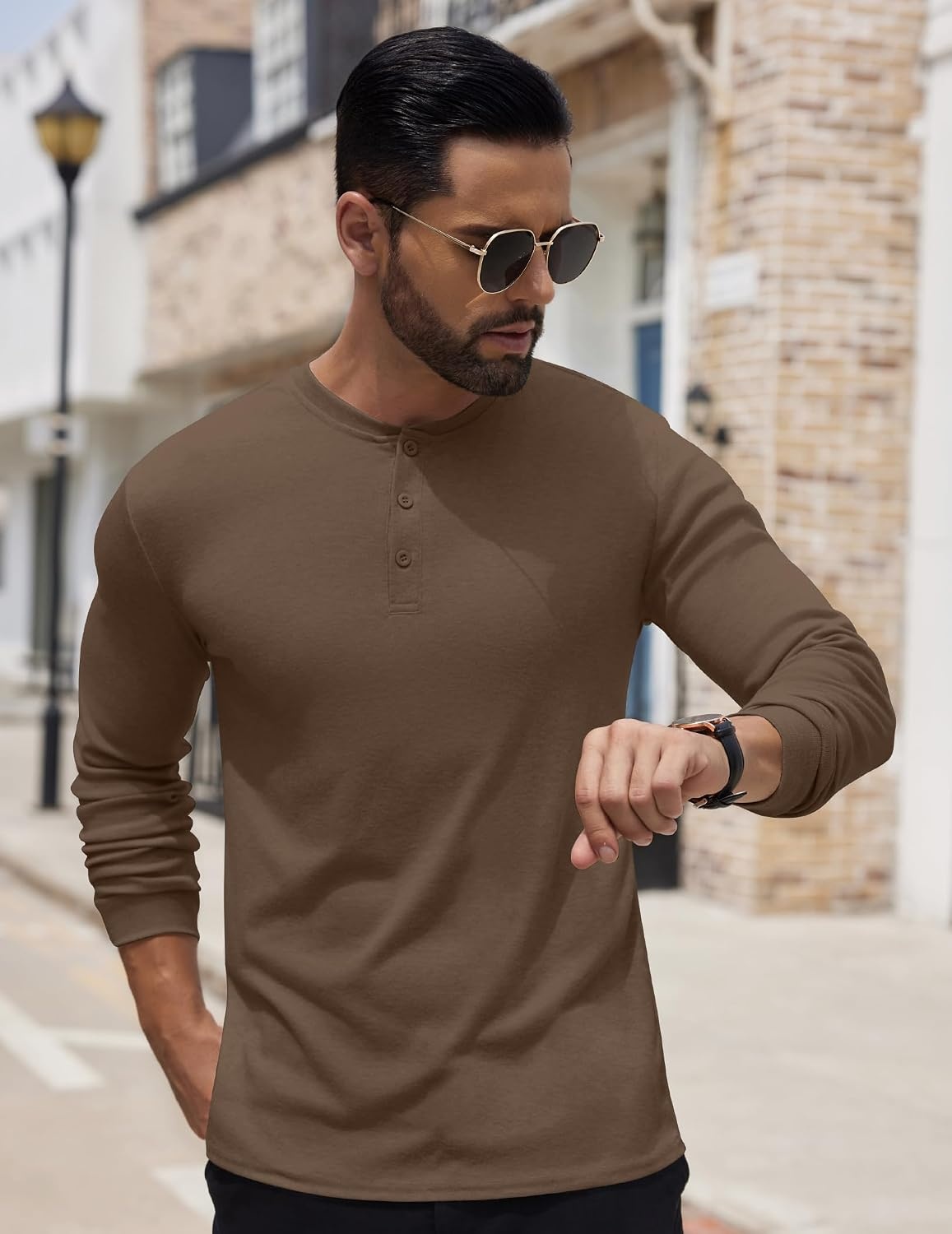 image:imageCOOFANDY Mens Henley Shirts Long Sleeve Button TShirt Lightweight Fashion Casual Pullover ShirtBrown