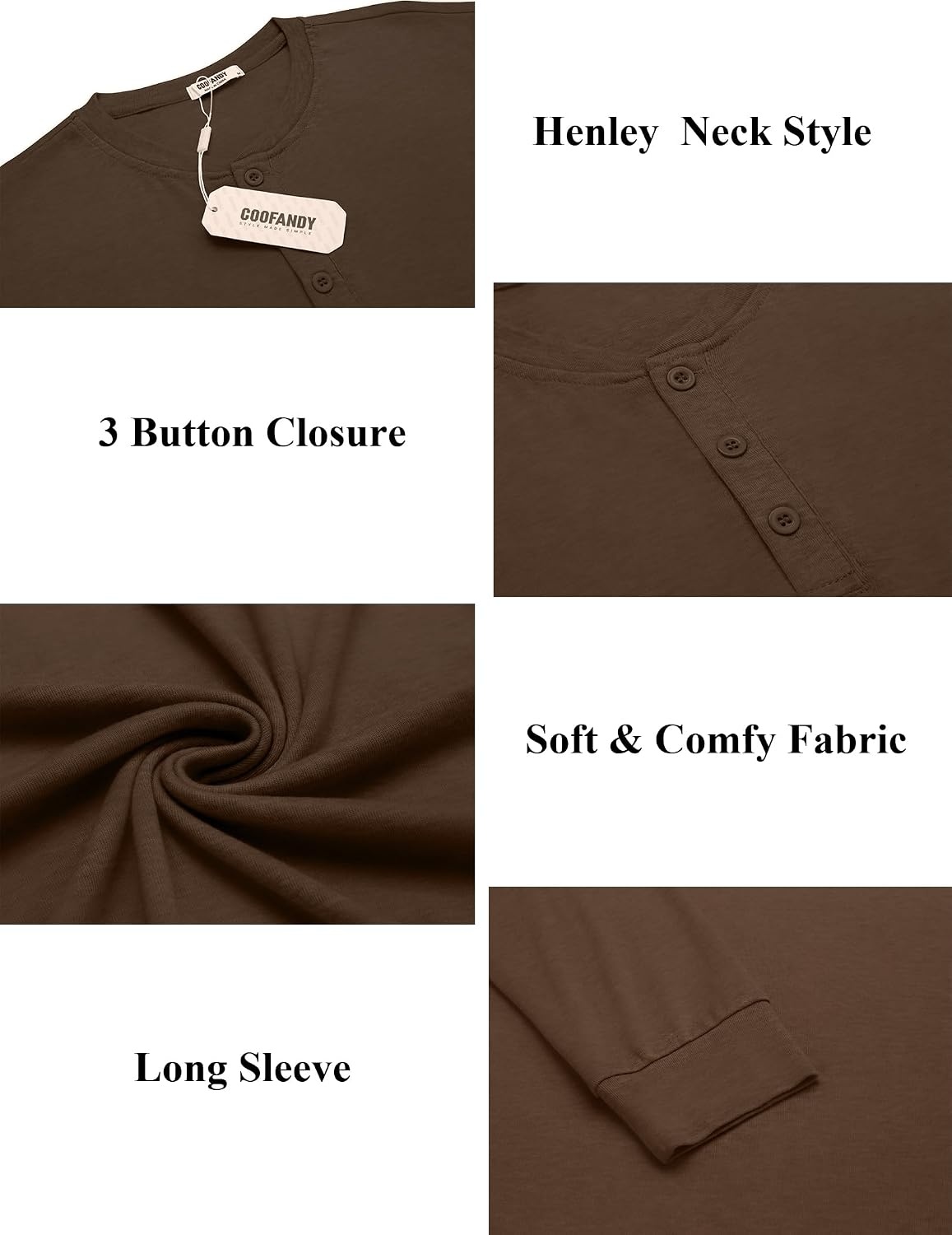 image:imageCOOFANDY Mens Henley Shirts Long Sleeve Button TShirt Lightweight Fashion Casual Pullover ShirtBrown