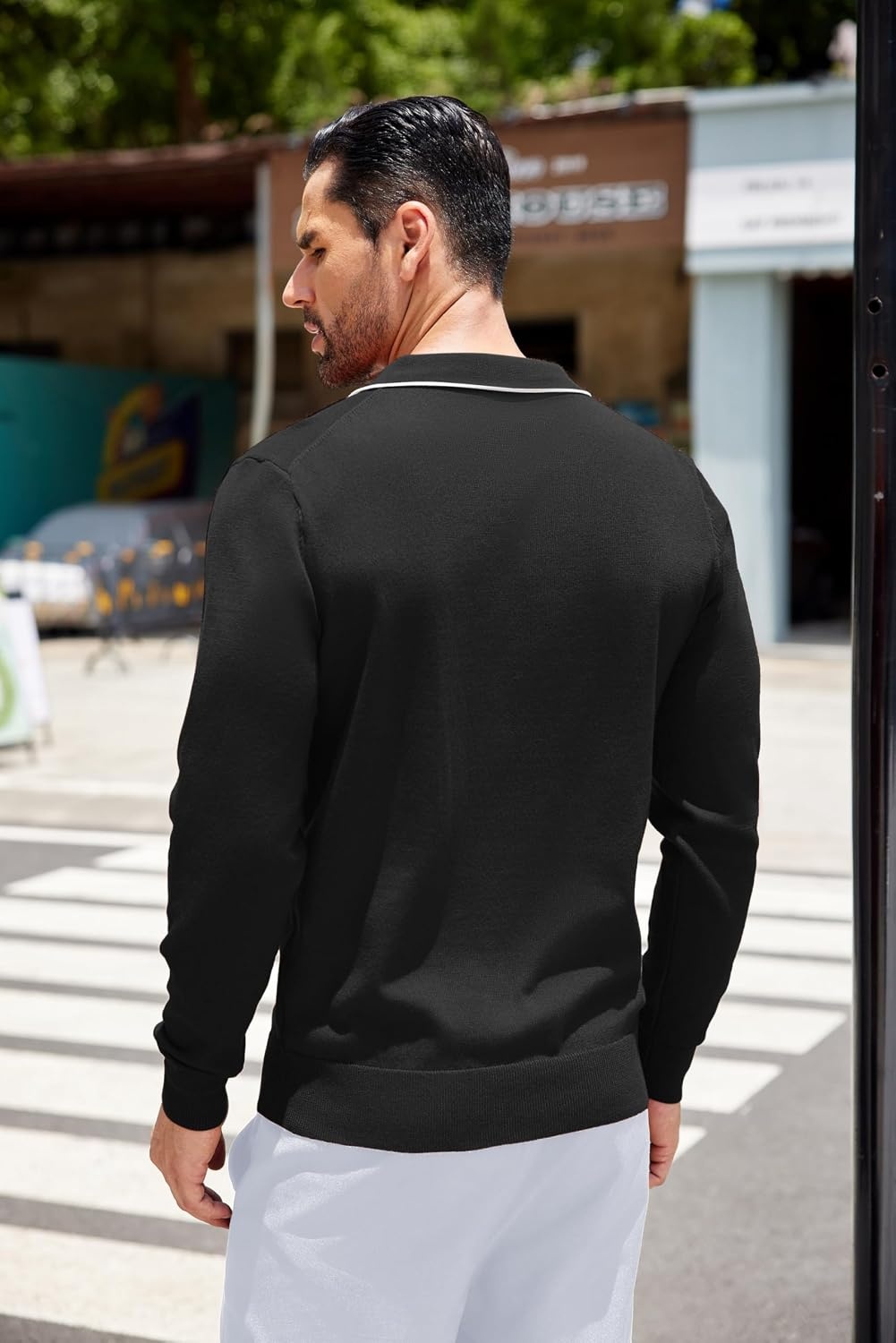 image:imageCOOFANDY Mens Knit Polo Long Sleeve Collared Sweater Polo Business Casual Polos with PocketAll Black