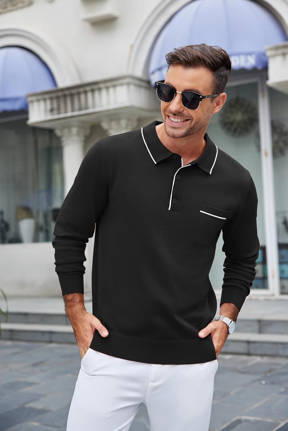 image:imageCOOFANDY Mens Knit Polo Long Sleeve Collared Sweater Polo Business Casual Polos with PocketAll Black