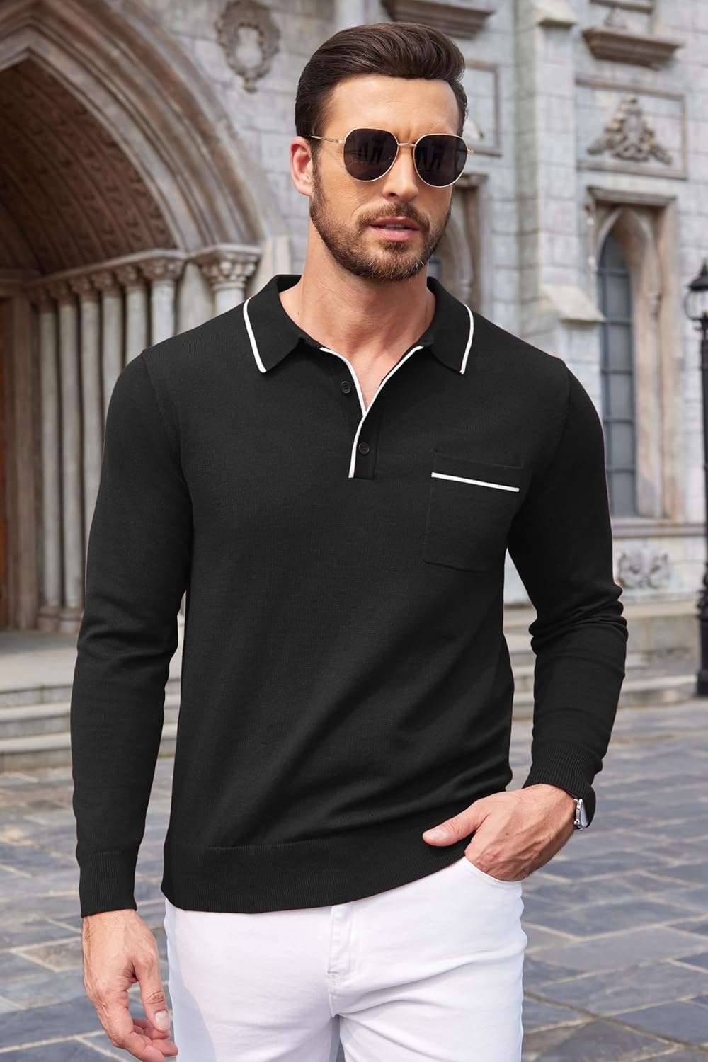 image:imageCOOFANDY Mens Knit Polo Long Sleeve Collared Sweater Polo Business Casual Polos with PocketAll Black