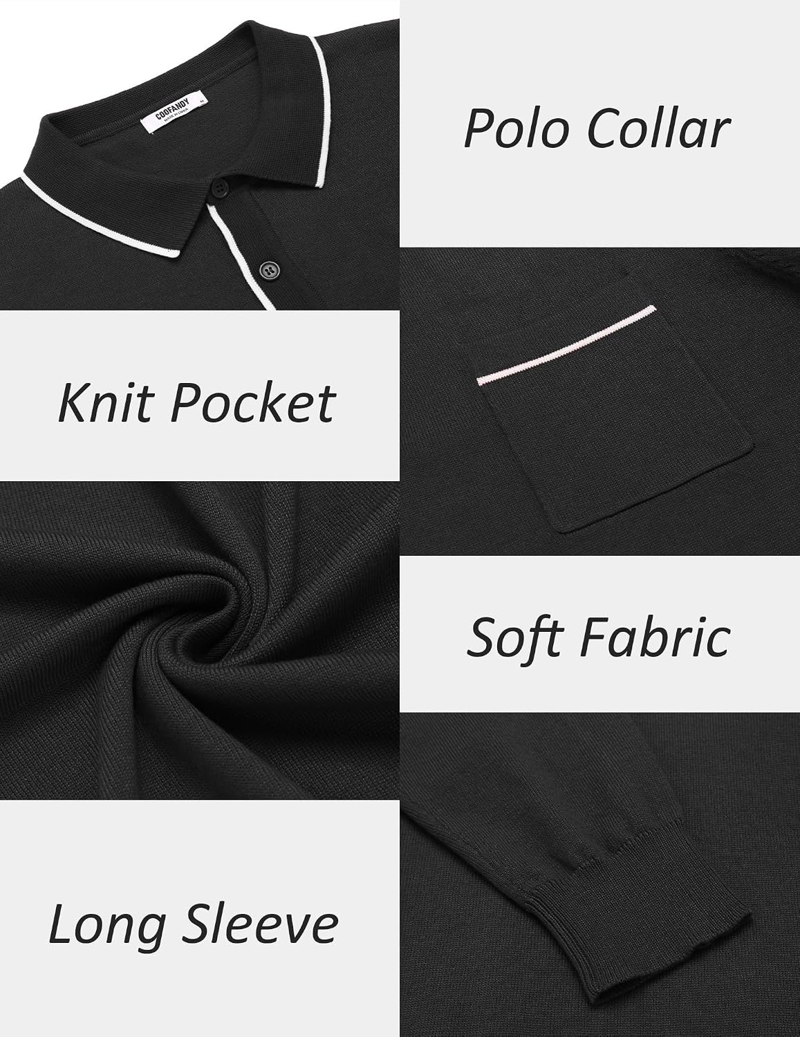 image:imageCOOFANDY Mens Knit Polo Long Sleeve Collared Sweater Polo Business Casual Polos with PocketAll Black