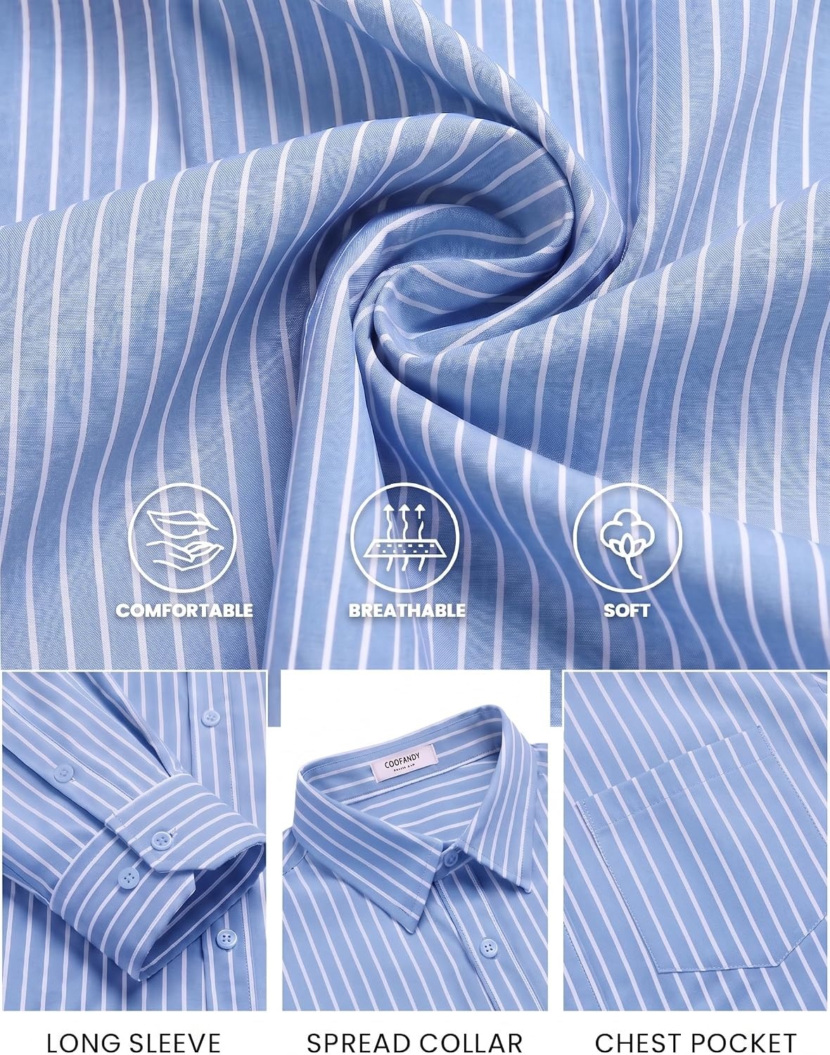 image:imageCOOFANDY Mens Long Sleeve Button Down Shirts Casual Untucked Shirts for Men Dress Shirts Beach Wedding ShirtsWhite Stripeblue