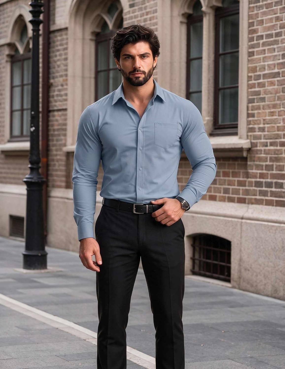 image:imageCOOFANDY Mens Muscle Fit Dress Shirt Wrinkle Free Sretch Shirts Long Sleeve Casual Button Down ShirtsAiry Blue