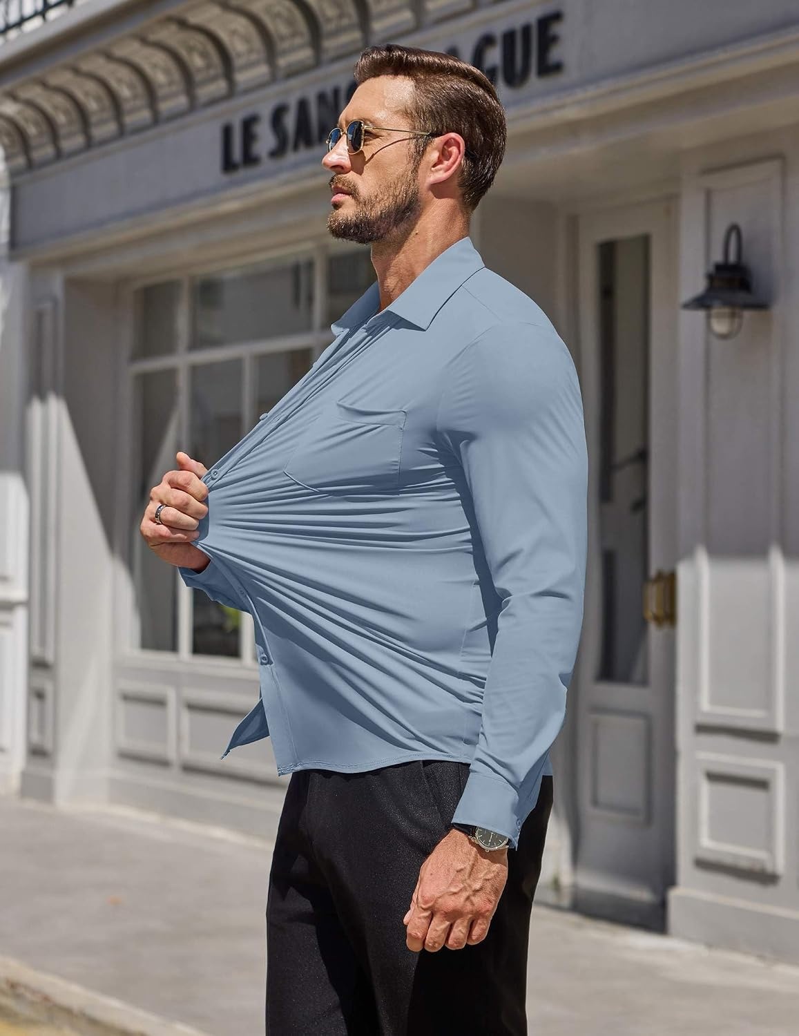 image:imageCOOFANDY Mens Muscle Fit Dress Shirt Wrinkle Free Sretch Shirts Long Sleeve Casual Button Down ShirtsAiry Blue