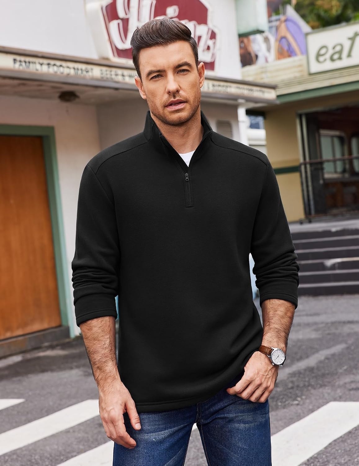 image:imageCOOFANDY Mens Quarter Zip Cotton Pullover Mock Neck Casual SweatshirtBlack
