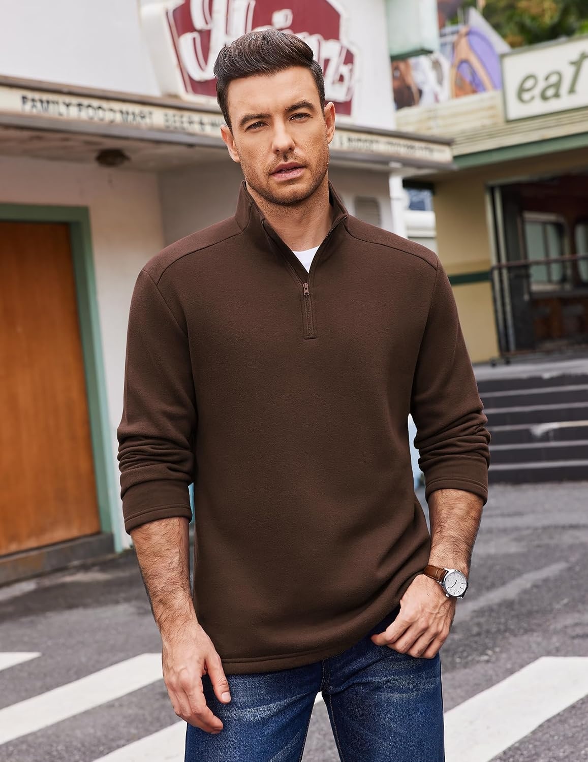 image:imageCOOFANDY Mens Quarter Zip Cotton Pullover Mock Neck Casual SweatshirtBrown
