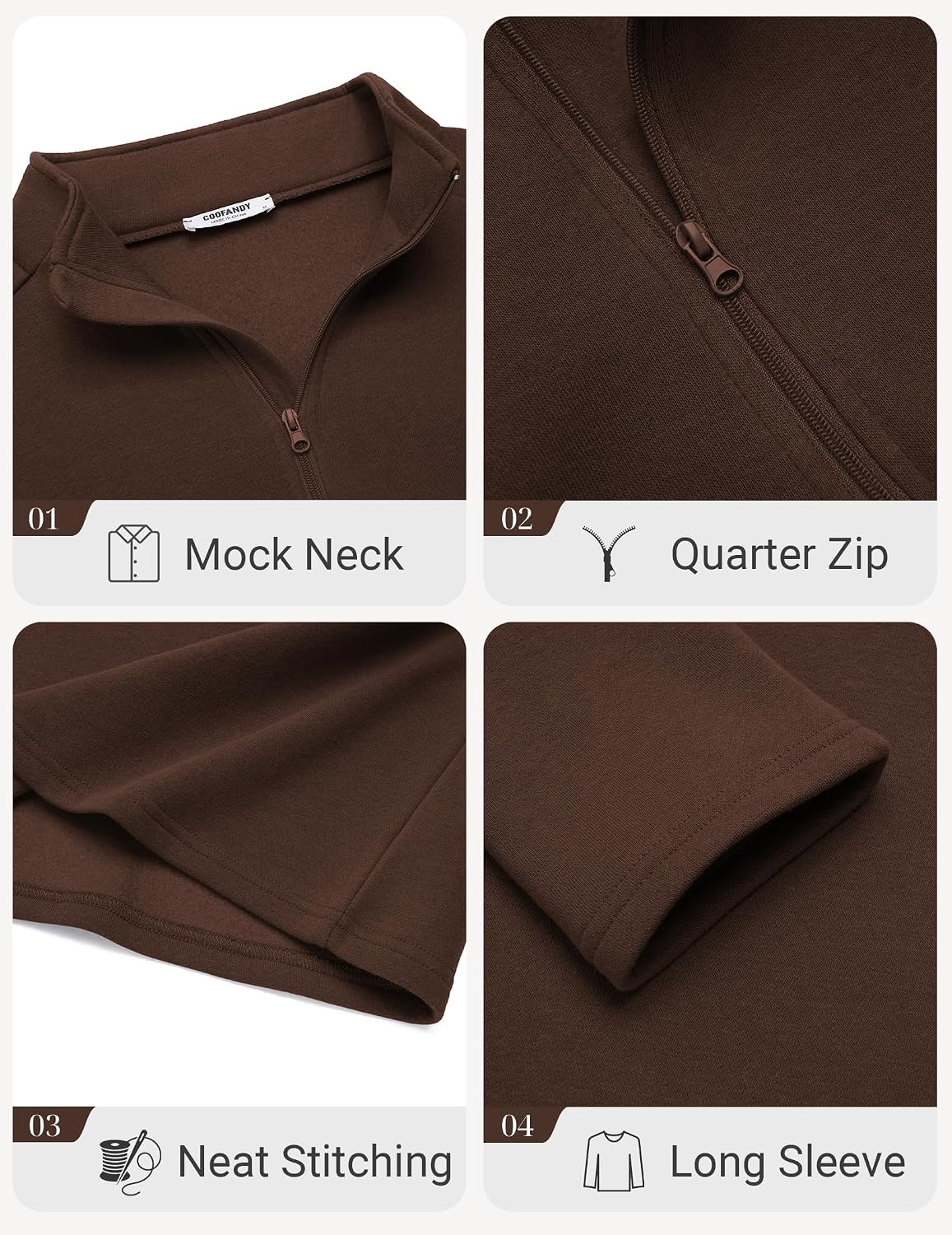 image:imageCOOFANDY Mens Quarter Zip Cotton Pullover Mock Neck Casual SweatshirtBrown